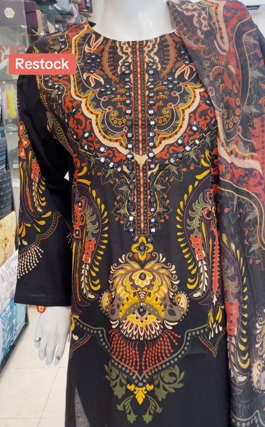 03-Piece Stitched Digital Print & Embroidered Khaddar with Khaddar Shawl