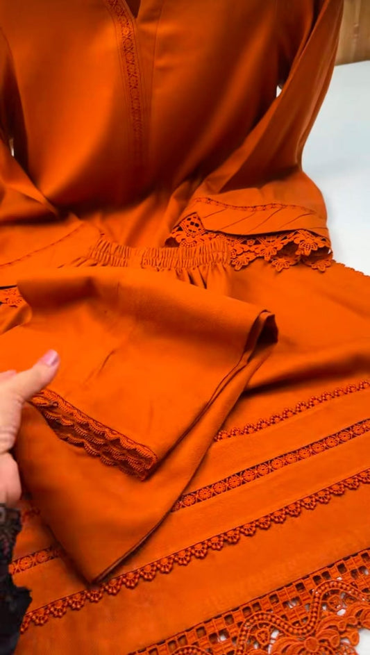 02-Piece Stitched Peach Leather Dhanak Embroidered Suit