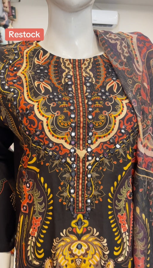 03-Piece Stitched Digital Print & Embroidered Khaddar with Khaddar Shawl