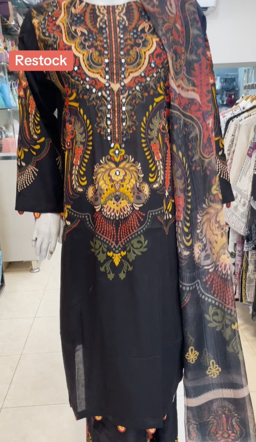 03-Piece Stitched Digital Print & Embroidered Khaddar with Khaddar Shawl